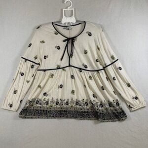 Lucky Brand Women's Tie Neck Long Sleeve Peasant Blouse Top Floral Cream Size L